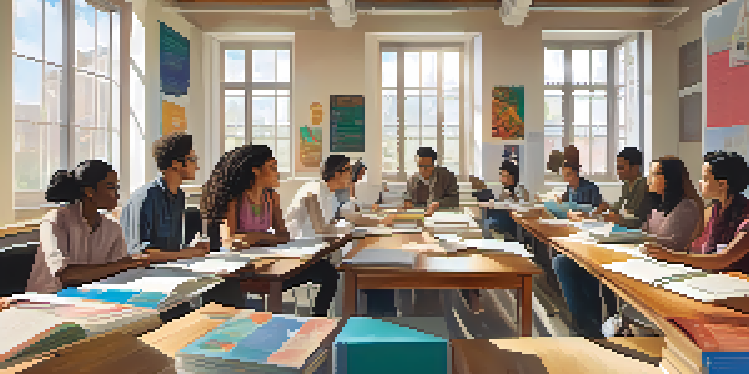 A diverse group of university students collaborating on a project around a table, with books and laptops in a bright room.