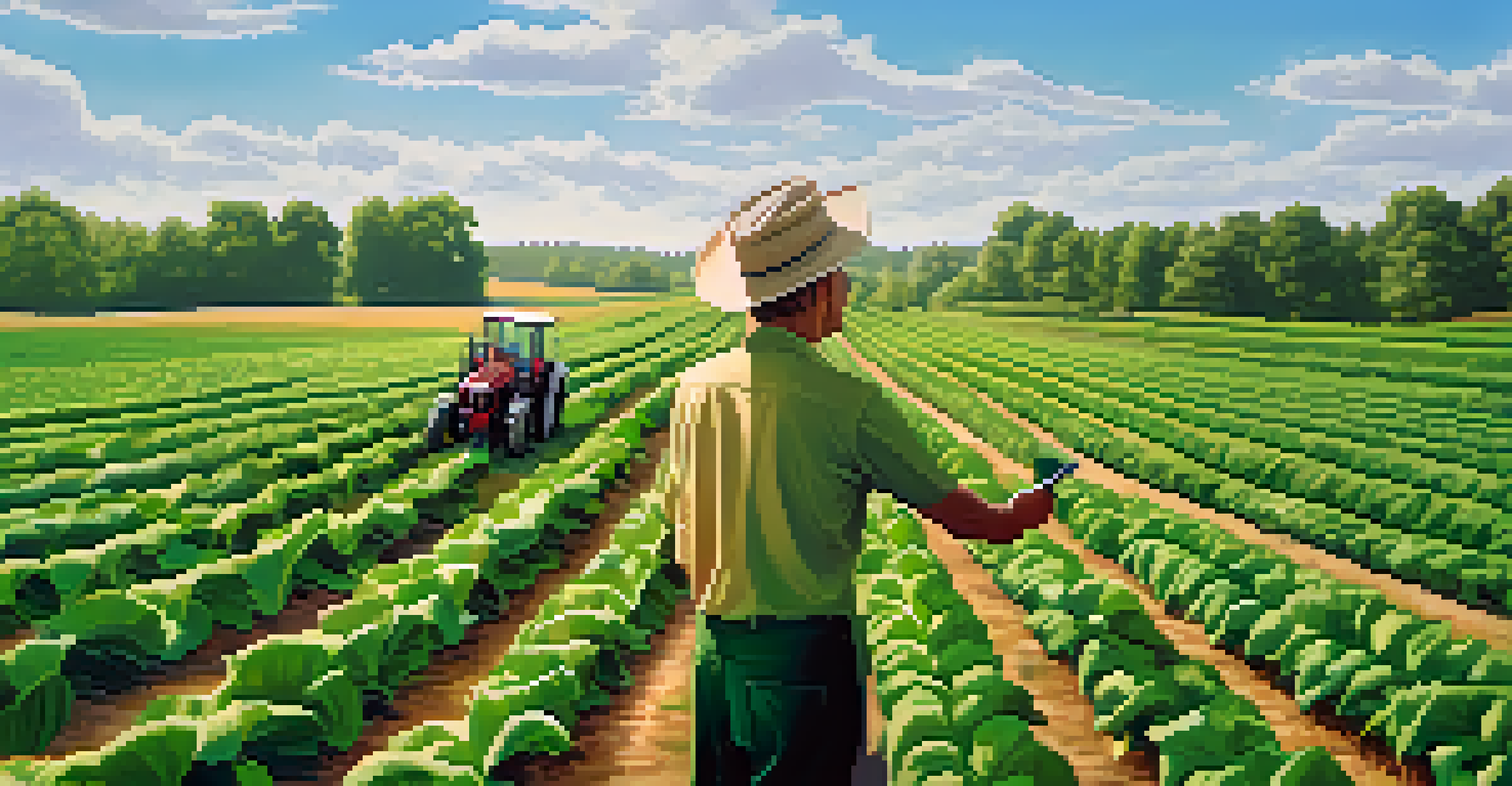 A local farmer using advanced agricultural technology in lush green fields, showcasing innovation and sustainability.