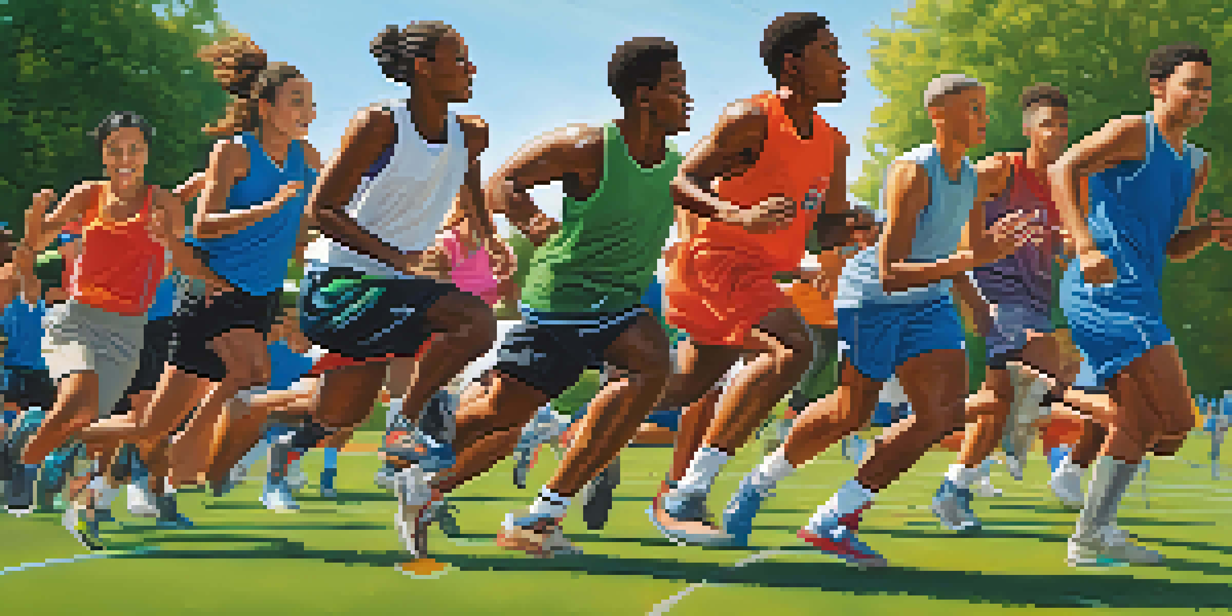 A diverse group of student-athletes training together on a sunny day, showcasing teamwork and collaboration.