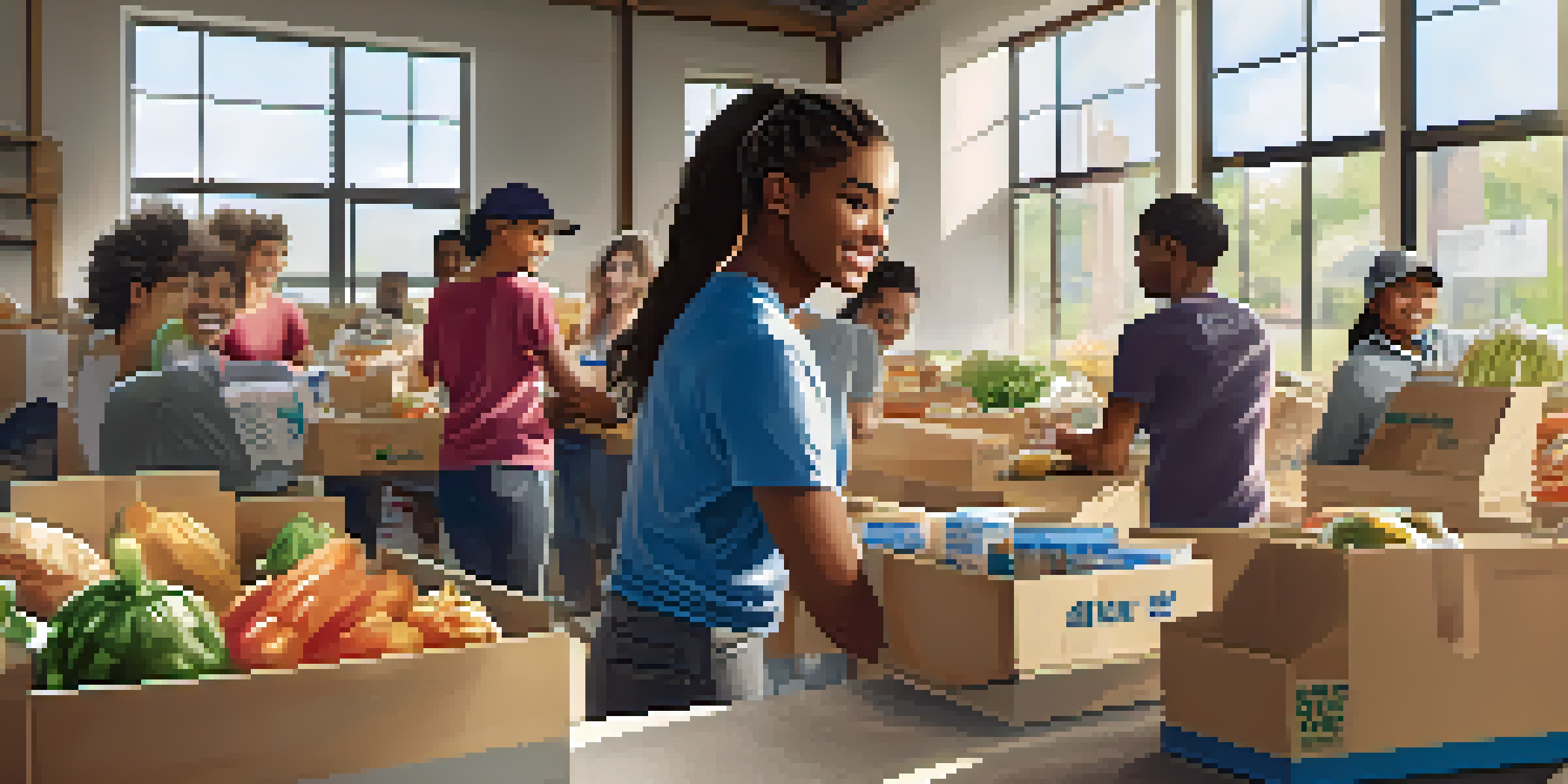 MSU students happily volunteering at a food bank, sorting food items with a bright and warm atmosphere.