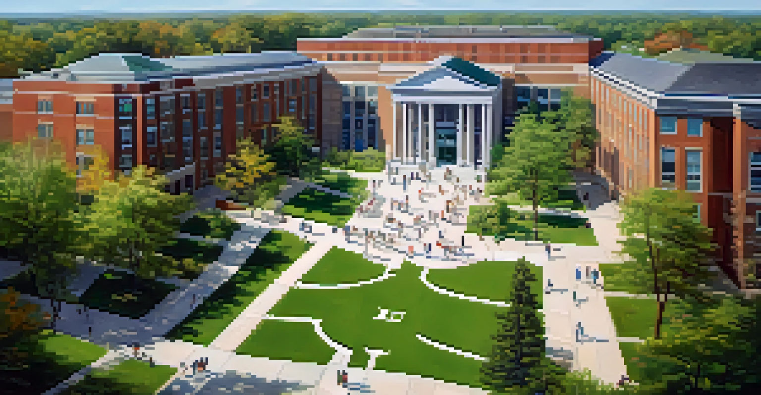 An aerial view of a university campus showing modern and traditional buildings, with students enjoying outdoor activities on green lawns.