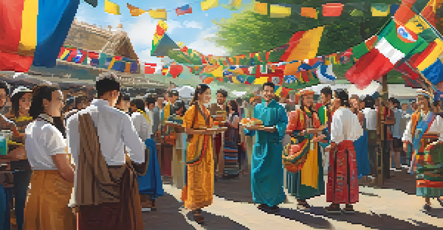 Students in traditional clothing celebrating cultural diversity at a university event with banners and food stalls.