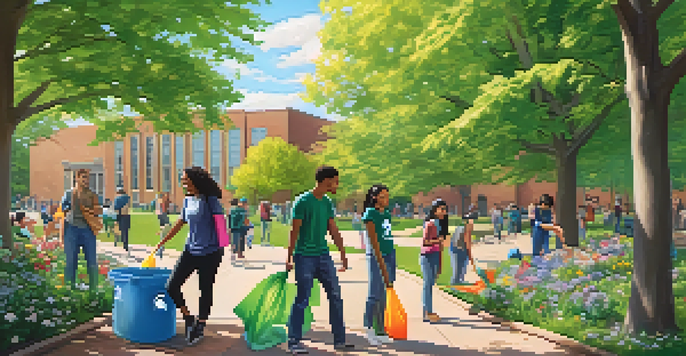 Students participating in a community clean-up at Michigan State University, picking up litter in a sunny park surrounded by greenery and flowers.