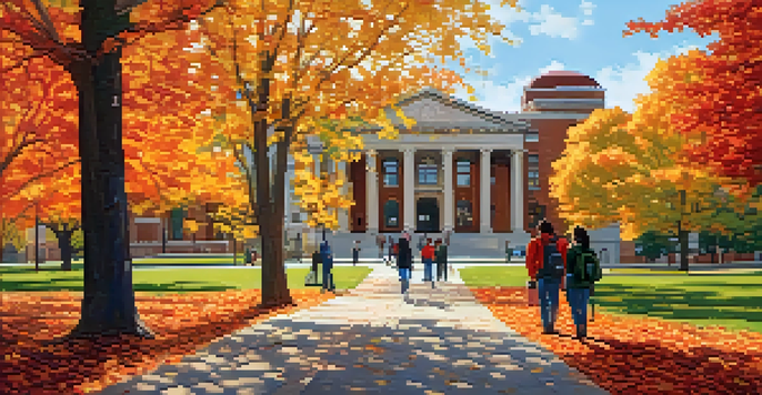 A scenic view of Michigan State University campus surrounded by colorful autumn leaves, with students walking along the paths.