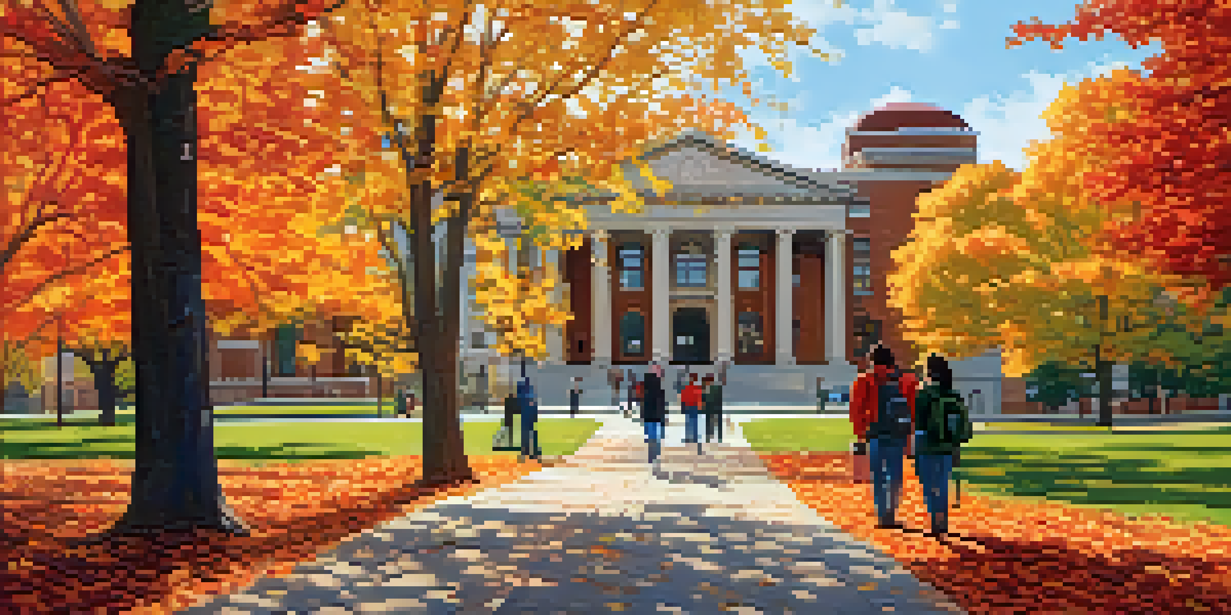 A scenic view of Michigan State University campus surrounded by colorful autumn leaves, with students walking along the paths.
