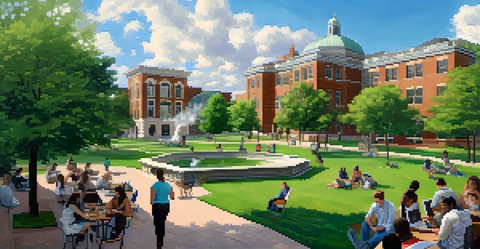 A diverse group of students collaborating on research outdoors at Michigan State University, surrounded by greenery and historic buildings under a bright blue sky.