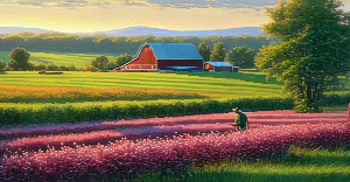 A picturesque Michigan farm at sunset with cherry and blueberry crops, a red barn in the background, and a farmer inspecting the fields.