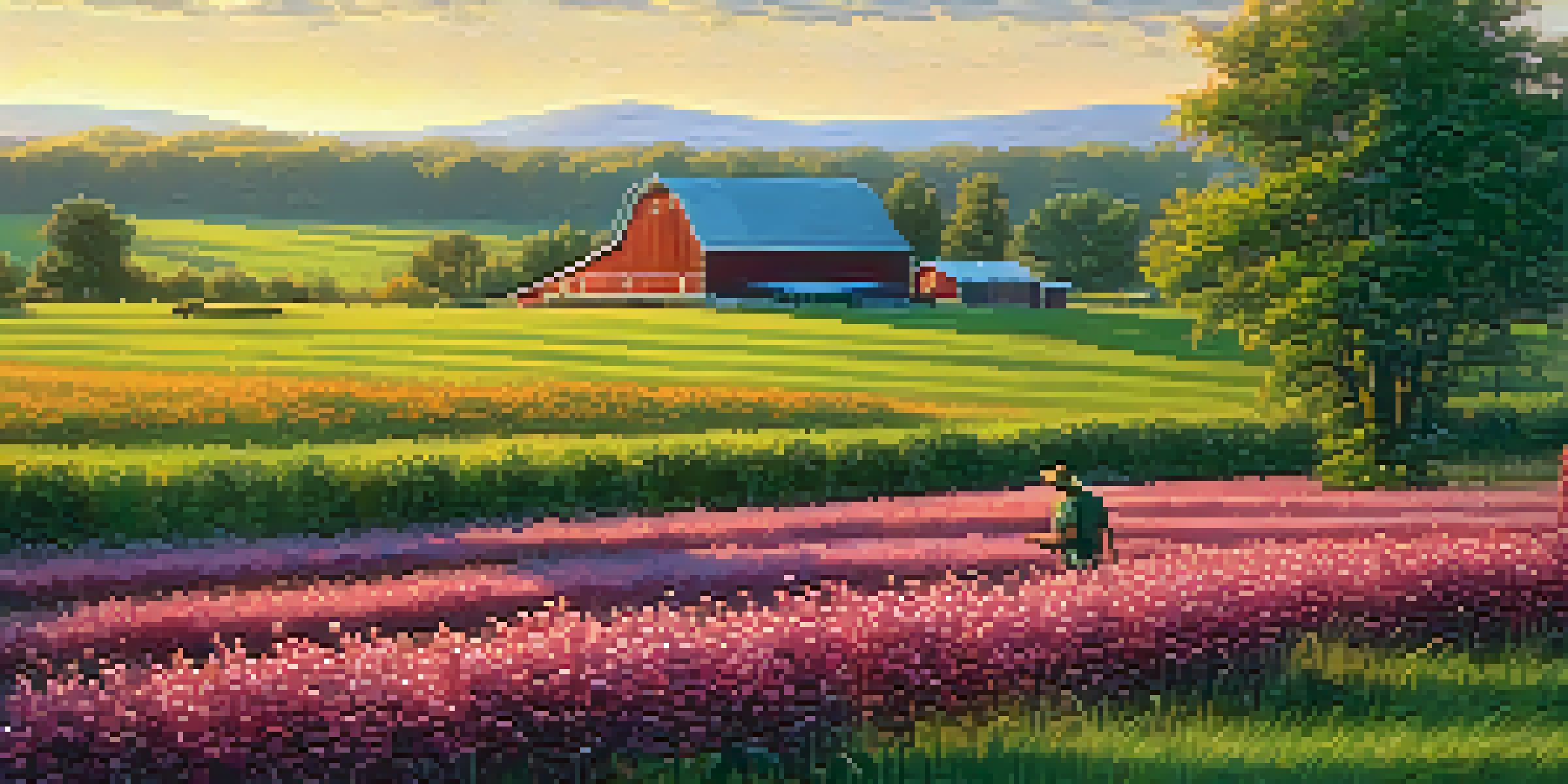 A picturesque Michigan farm at sunset with cherry and blueberry crops, a red barn in the background, and a farmer inspecting the fields.
