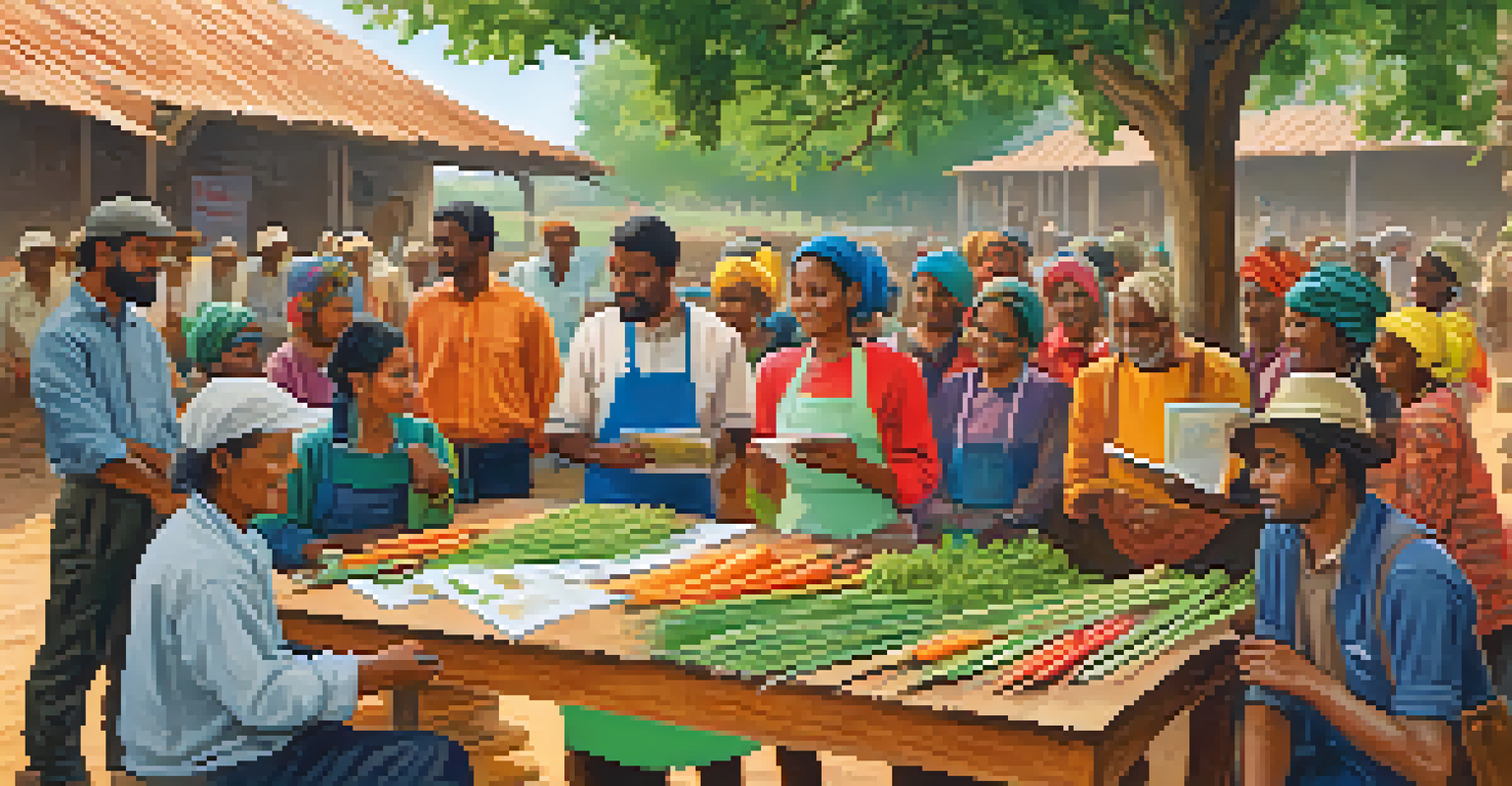 A diverse group of farmers attending a workshop, engaging with tools and pamphlets about sustainable farming practices.