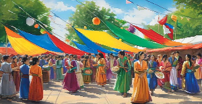 A lively international festival at Michigan State University with diverse students in traditional clothing, colorful banners, and food stalls.
