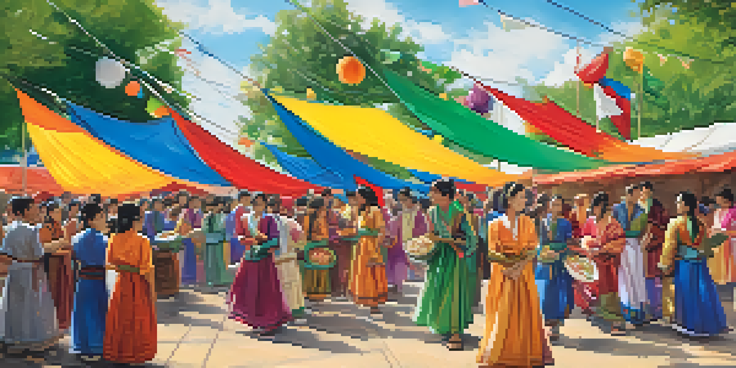 A lively international festival at Michigan State University with diverse students in traditional clothing, colorful banners, and food stalls.