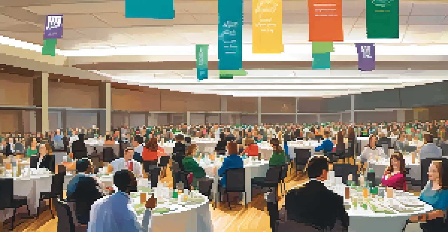 A bustling networking event with MSU alumni discussing community service projects in a well-lit auditorium.