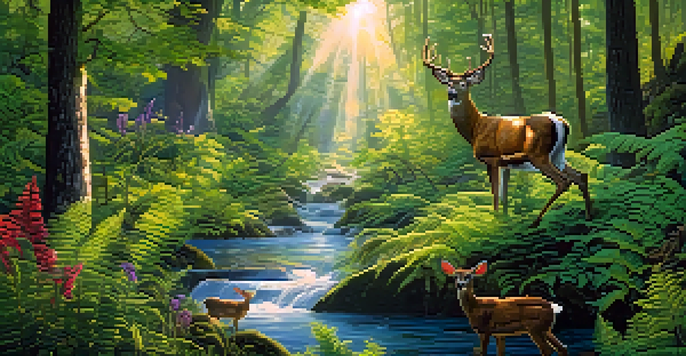A lush forest with sunlight filtering through trees, a deer drinking from a stream, and colorful wildflowers on the ground.