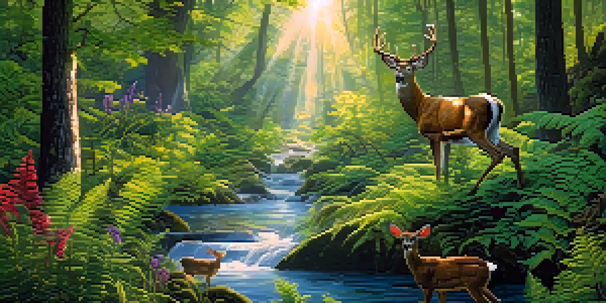 A lush forest with sunlight filtering through trees, a deer drinking from a stream, and colorful wildflowers on the ground.