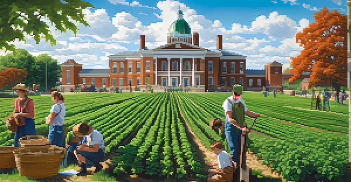 Students engaged in agricultural studies at Michigan State University with green fields and historic buildings in the background.