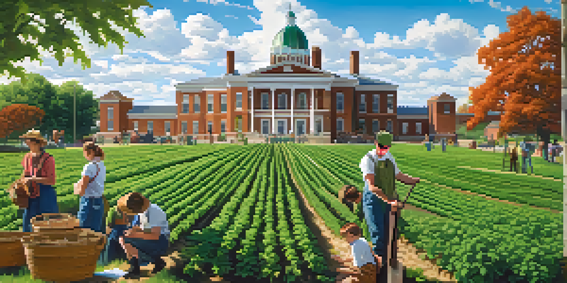 Students engaged in agricultural studies at Michigan State University with green fields and historic buildings in the background.