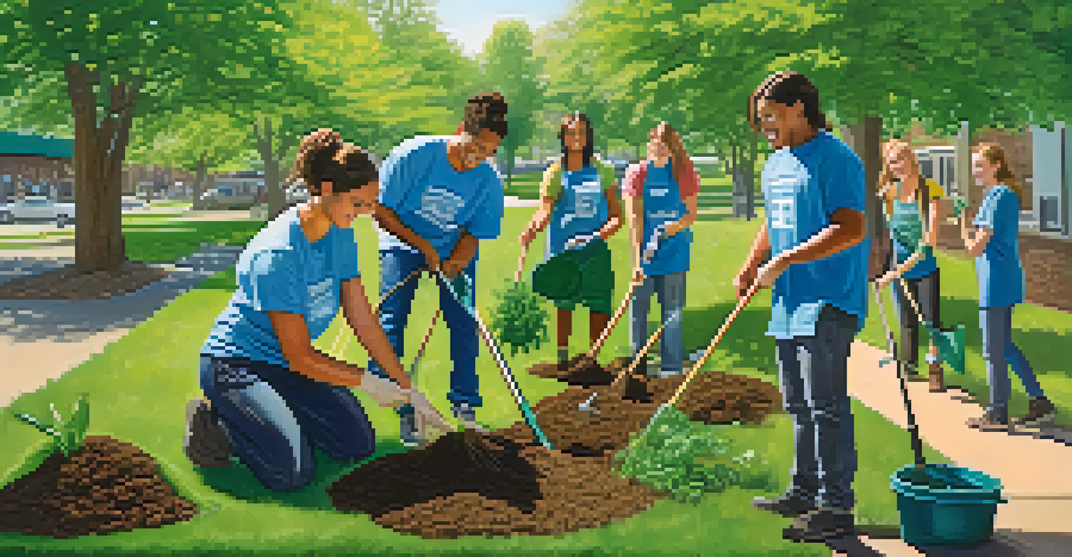 Students from Michigan State University participating in a community service project, planting trees and cleaning up a local park, surrounded by greenery.