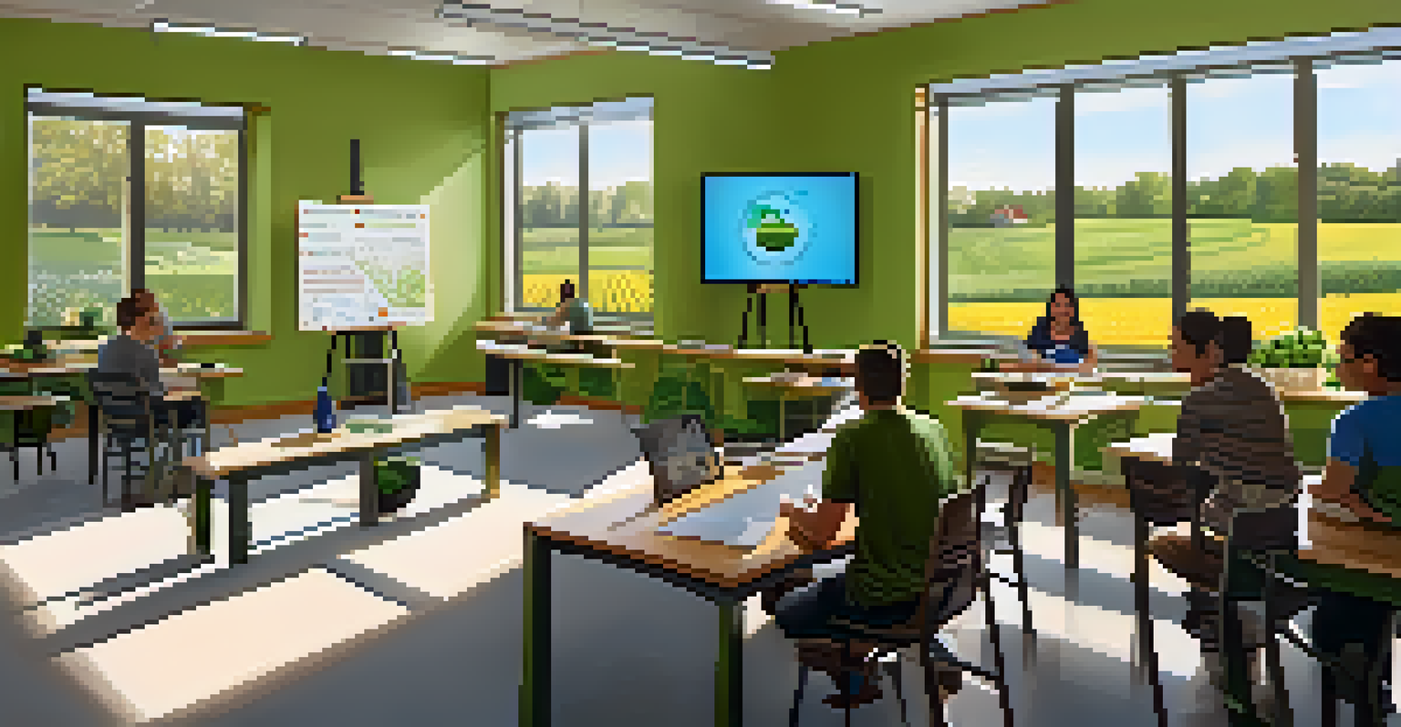 Farmers participating in a workshop at Michigan State University, learning about sustainable agriculture in a bright classroom.