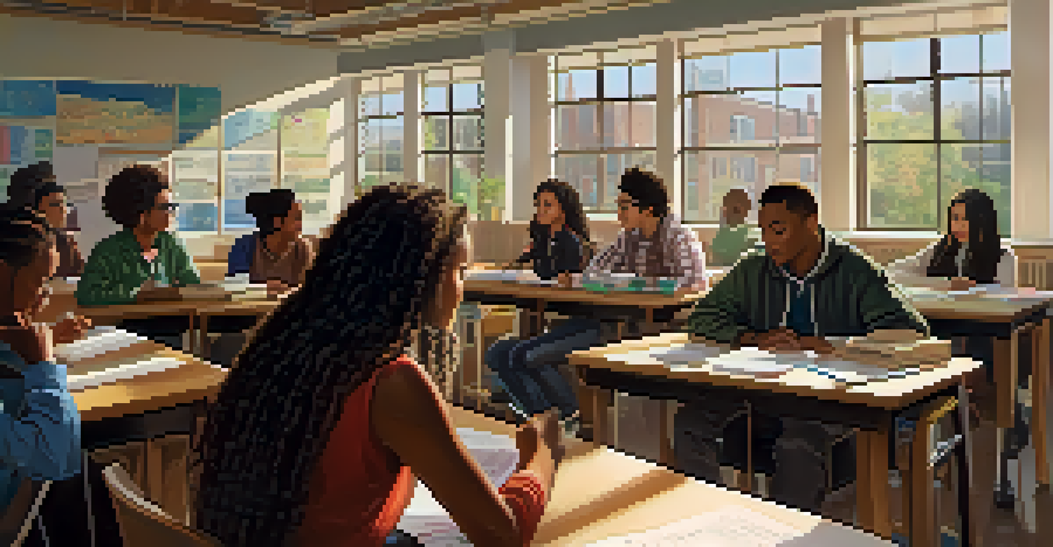 A classroom at Michigan State University with diverse students engaged in discussions about cultural perspectives, sunlight illuminating the room.