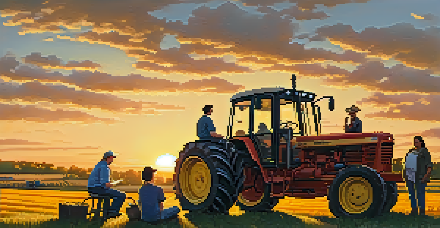 An experienced farmer mentoring students on tractor operation at sunset on a farm.
