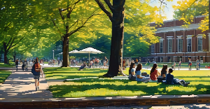 A lively campus scene at Michigan State University with students studying under a large tree, surrounded by historic buildings and blooming flowers.