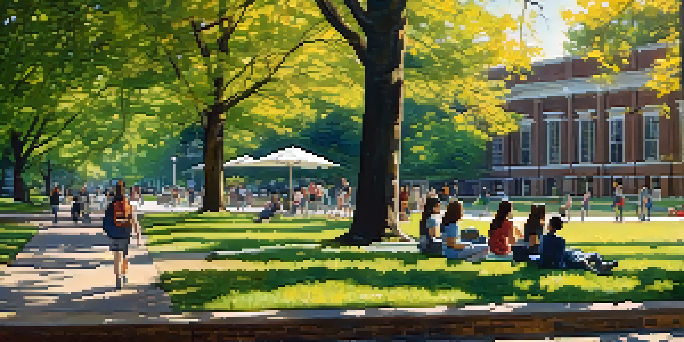 A lively campus scene at Michigan State University with students studying under a large tree, surrounded by historic buildings and blooming flowers.