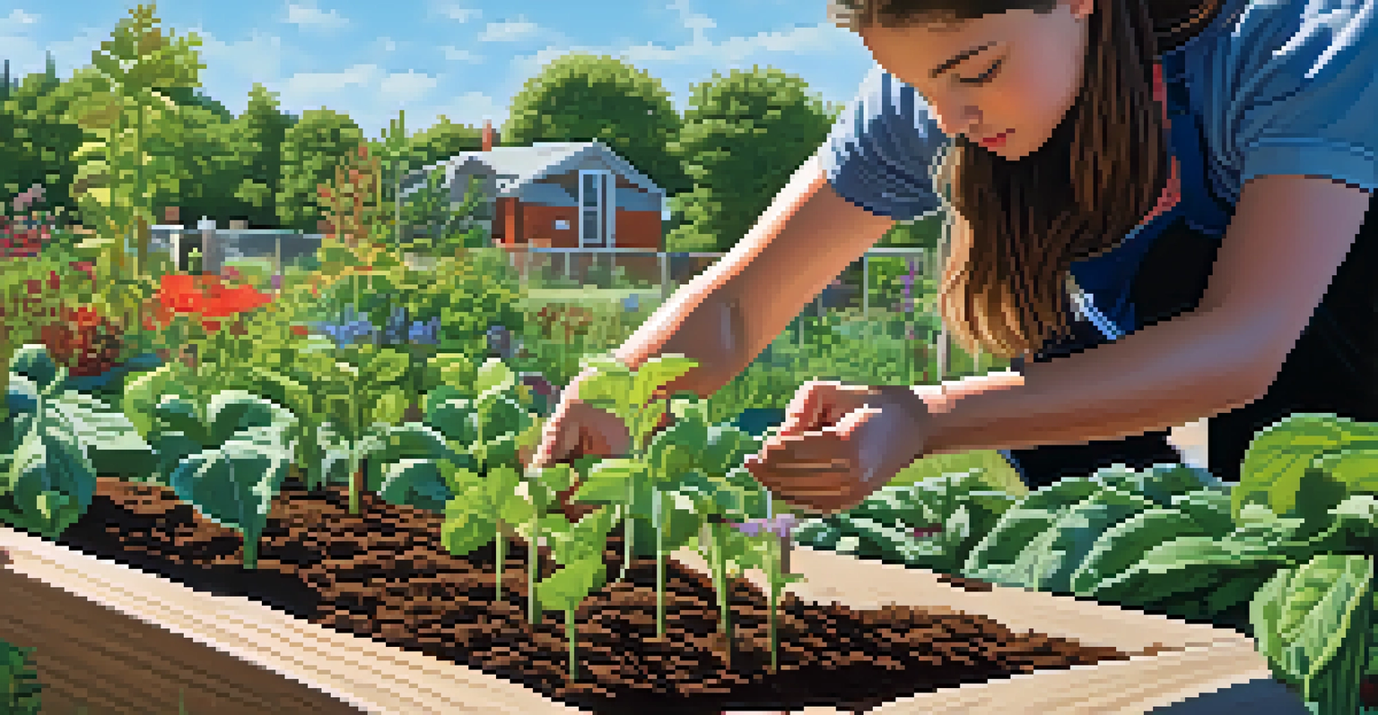A student planting seeds in a community garden, with rich soil and green plants visible.