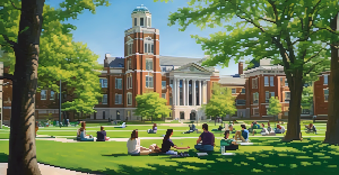 A sunny campus filled with diverse students studying together on a green lawn, surrounded by historic university buildings and flowers.