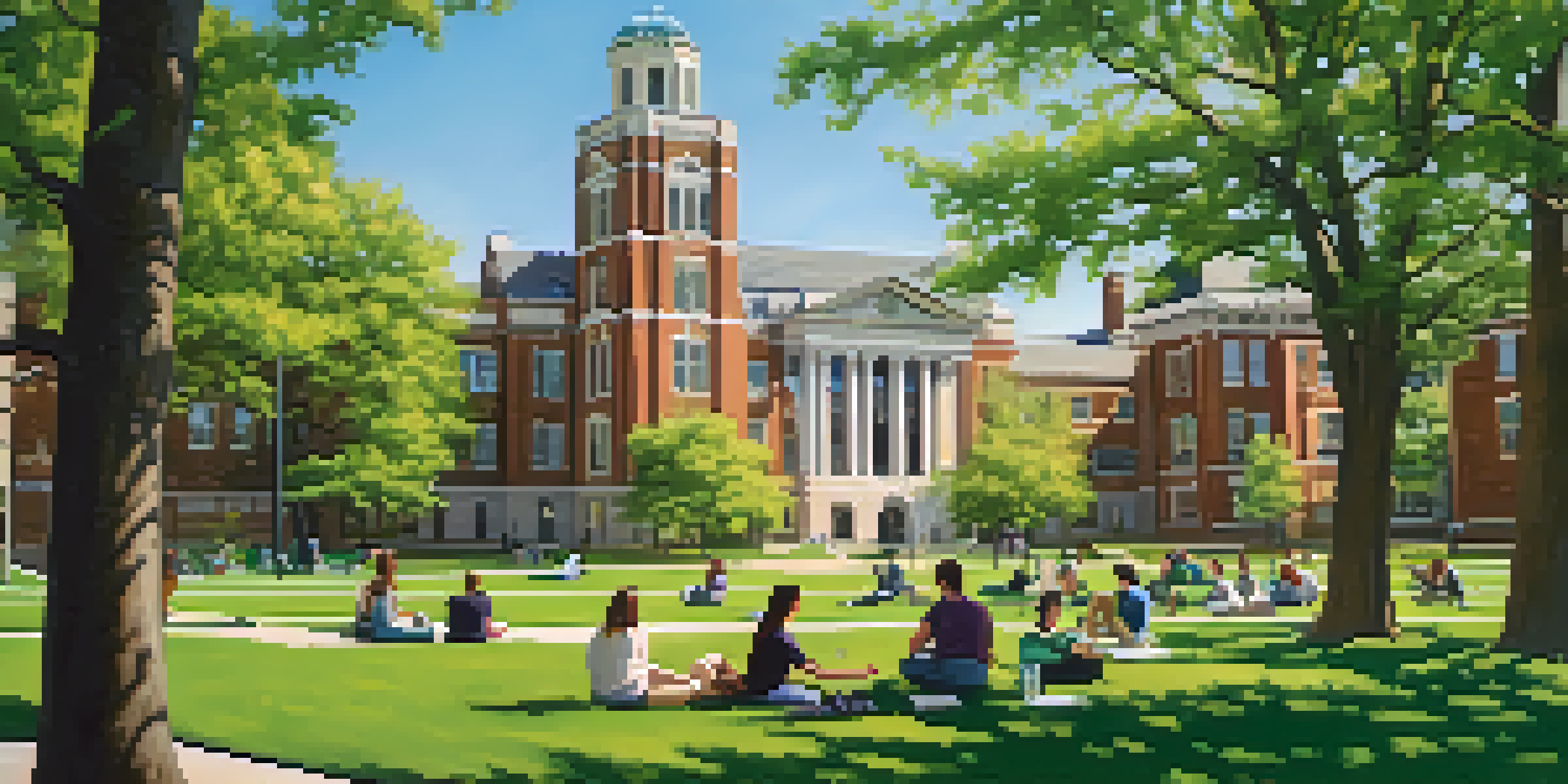 A sunny campus filled with diverse students studying together on a green lawn, surrounded by historic university buildings and flowers.