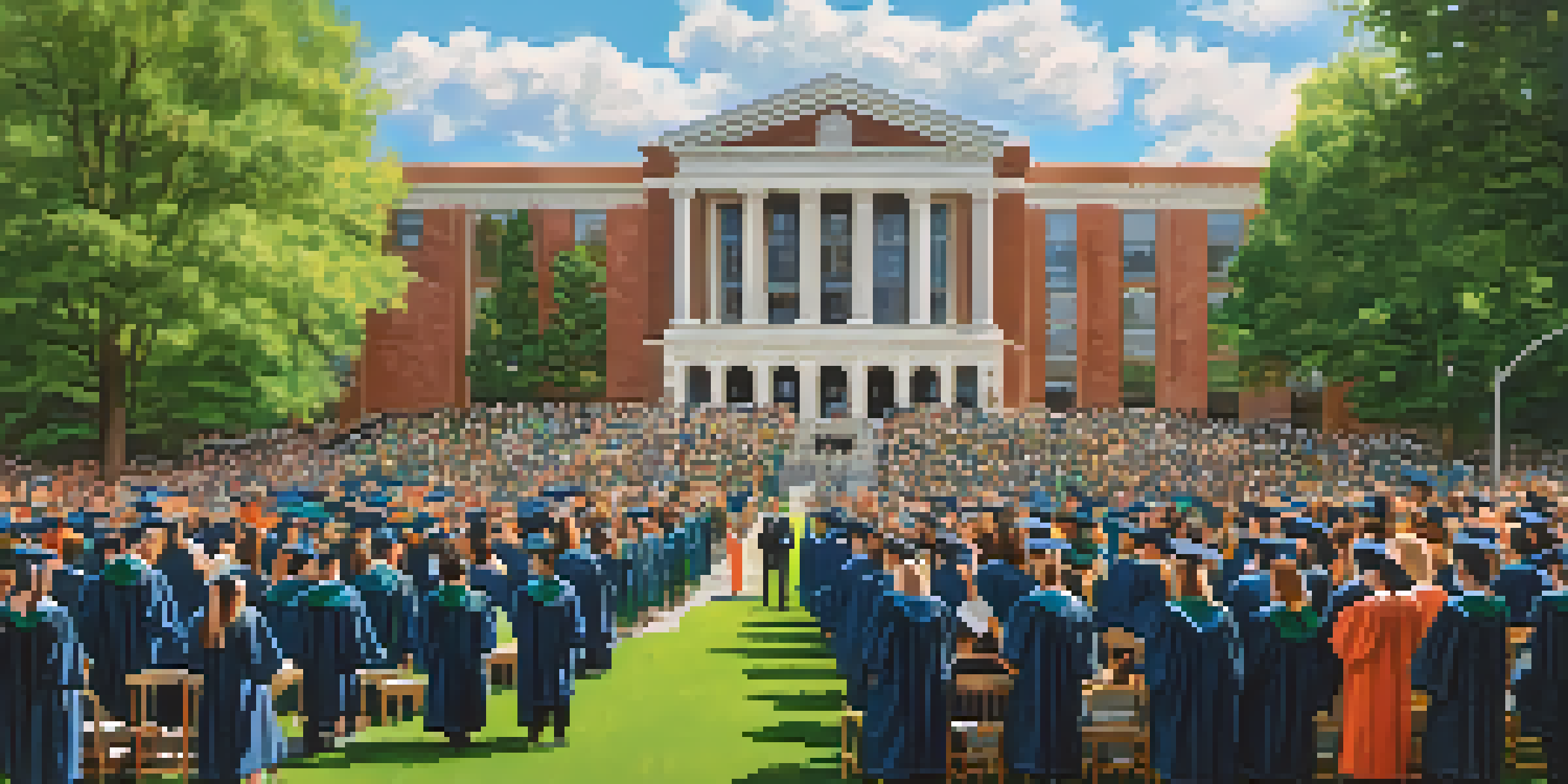 A graduation ceremony outdoors at Michigan State University, featuring graduates in caps and gowns, with excited families and the university's architecture in the background.