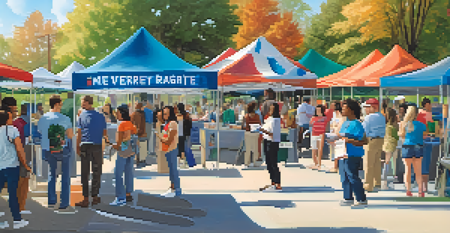 A vibrant outdoor community event with MSU alumni organizing a voter registration drive, featuring colorful booths and a diverse group of participants.
