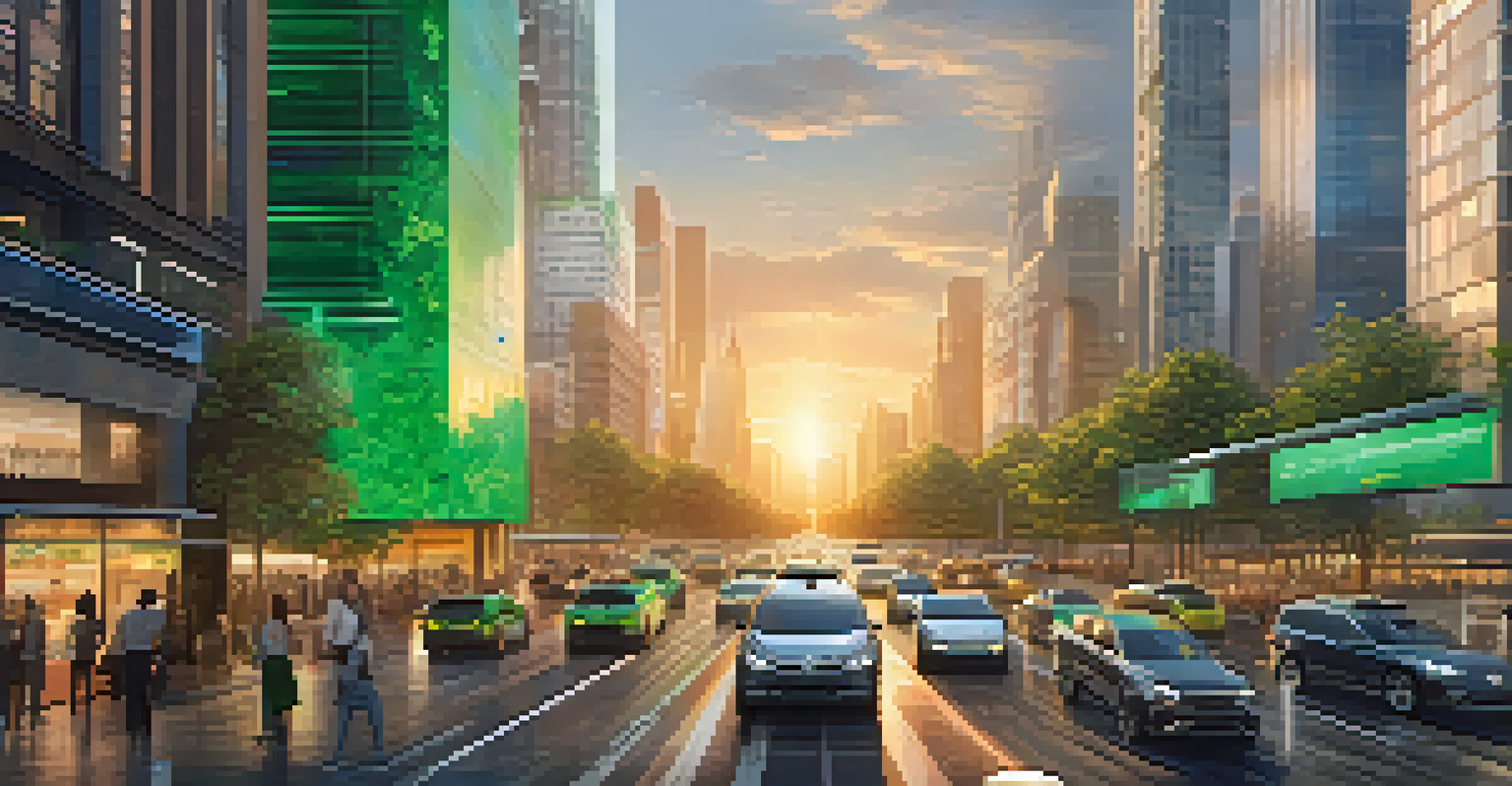 A vibrant urban street with autonomous vehicles and pedestrians, showcasing a smart city environment.