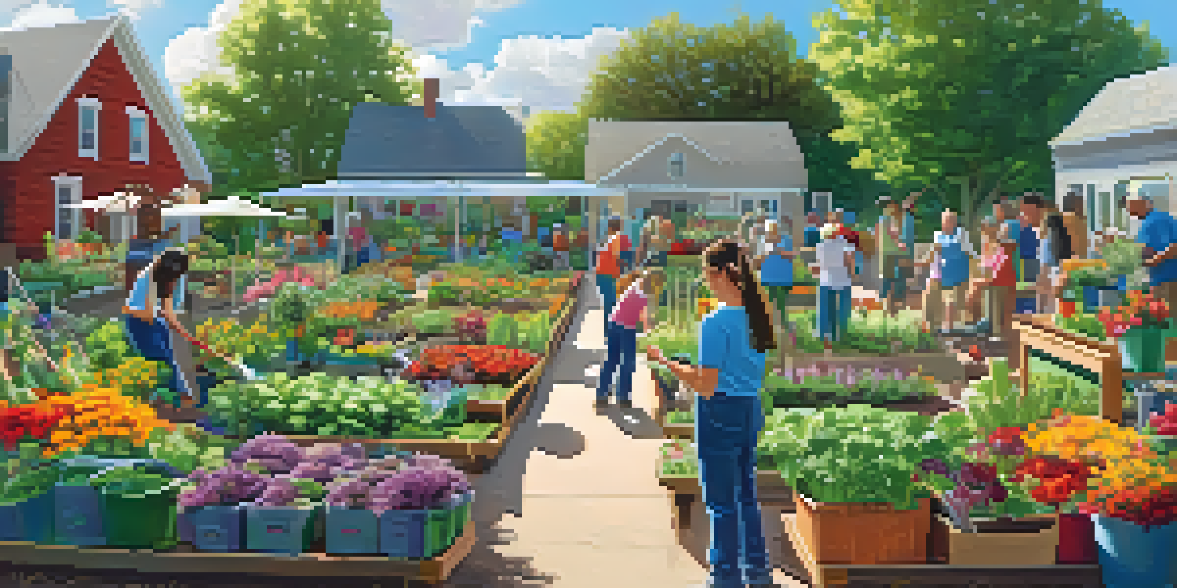 A diverse group of volunteers working together in a colorful community garden, planting flowers and vegetables under a sunny sky.