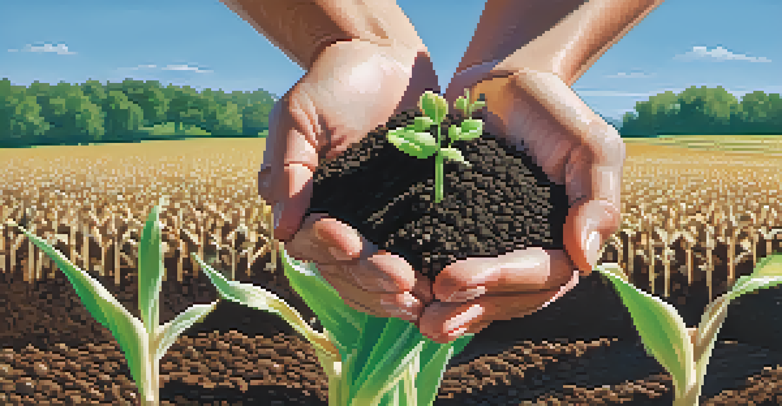 Close-up of hands holding soil with small sprouts, illustrating the significance of soil health in agriculture, with a cornfield in the background.