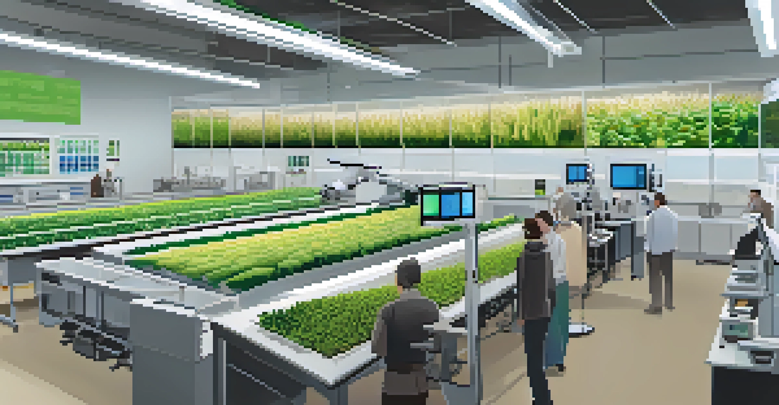 Research team working in a high-tech agricultural lab at Michigan State University, analyzing data and discussing sustainability.