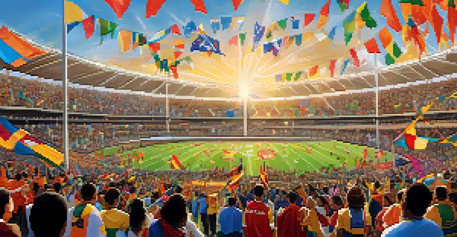 A lively university athletic event celebrating cultural diversity with flags and traditional attire in a stadium.