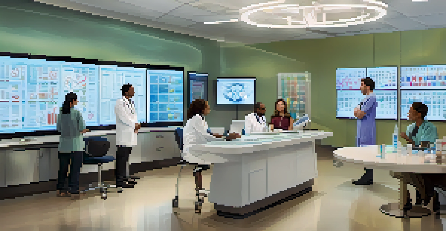 Patients discussing their genetic profiles with healthcare providers in a bright consultation room filled with medical charts and high-tech equipment.
