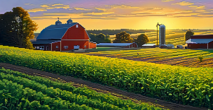 A colorful field of various cover crops in Michigan with a farmer and a barn in the background during sunset.