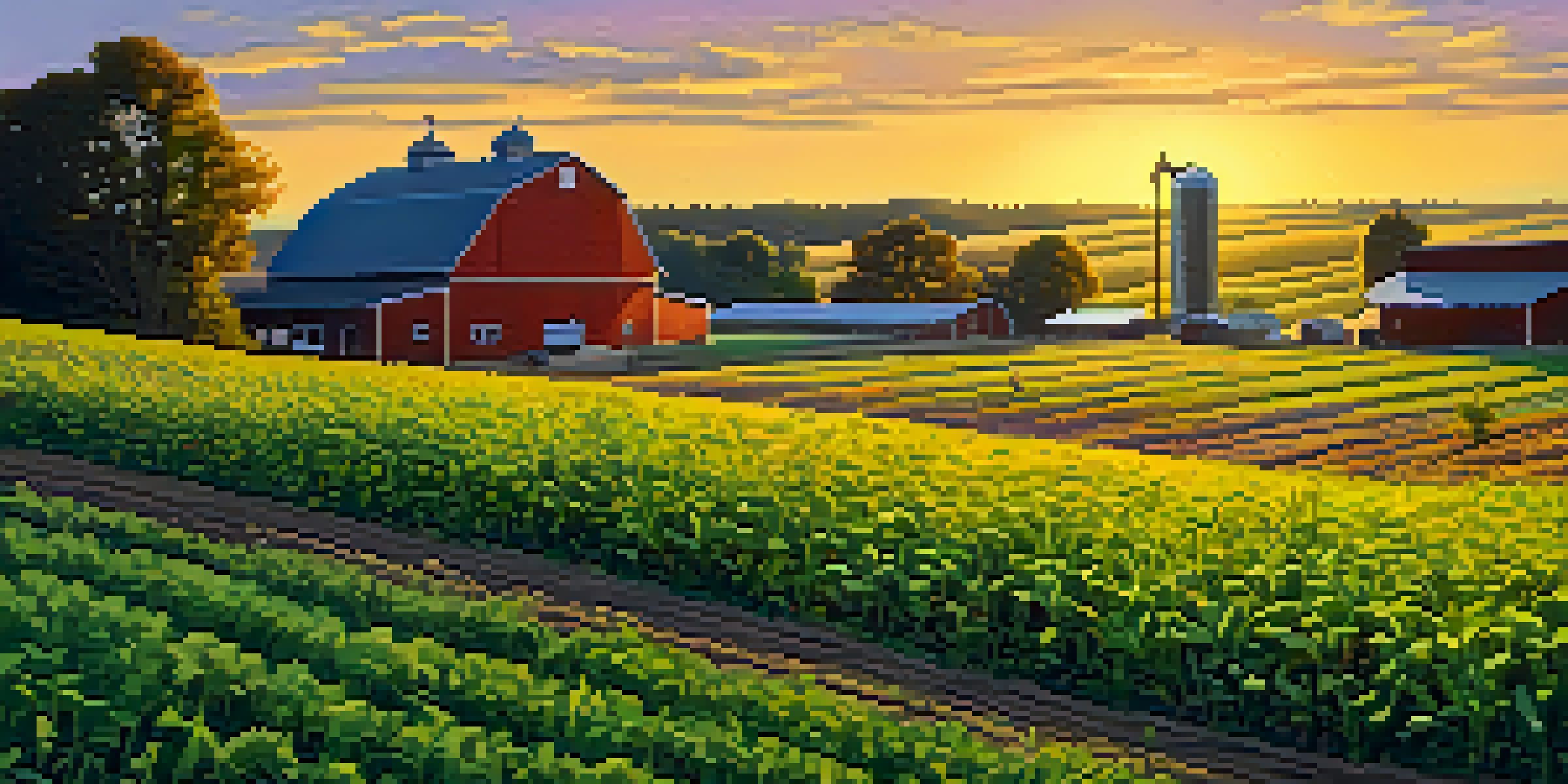 A colorful field of various cover crops in Michigan with a farmer and a barn in the background during sunset.