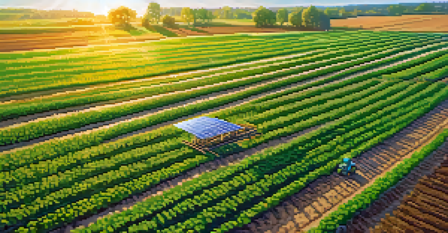 A sustainable agricultural field with healthy crops and a drone monitoring the area under a bright blue sky.