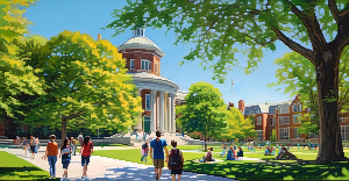 A lively university campus with students studying, discussing, and walking among beautiful greenery and university buildings.