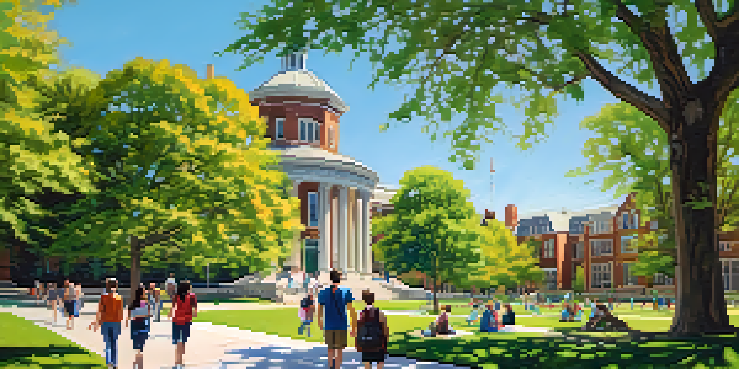 A lively university campus with students studying, discussing, and walking among beautiful greenery and university buildings.