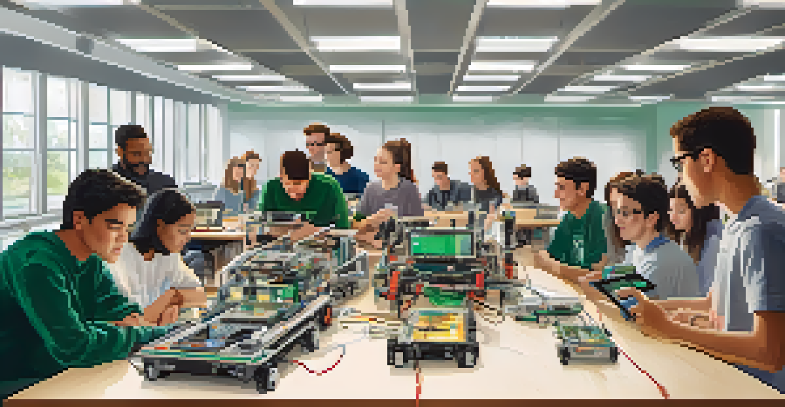 Students participating in a hands-on workshop at Michigan State University, working with robotics kits and interacting with an instructor.