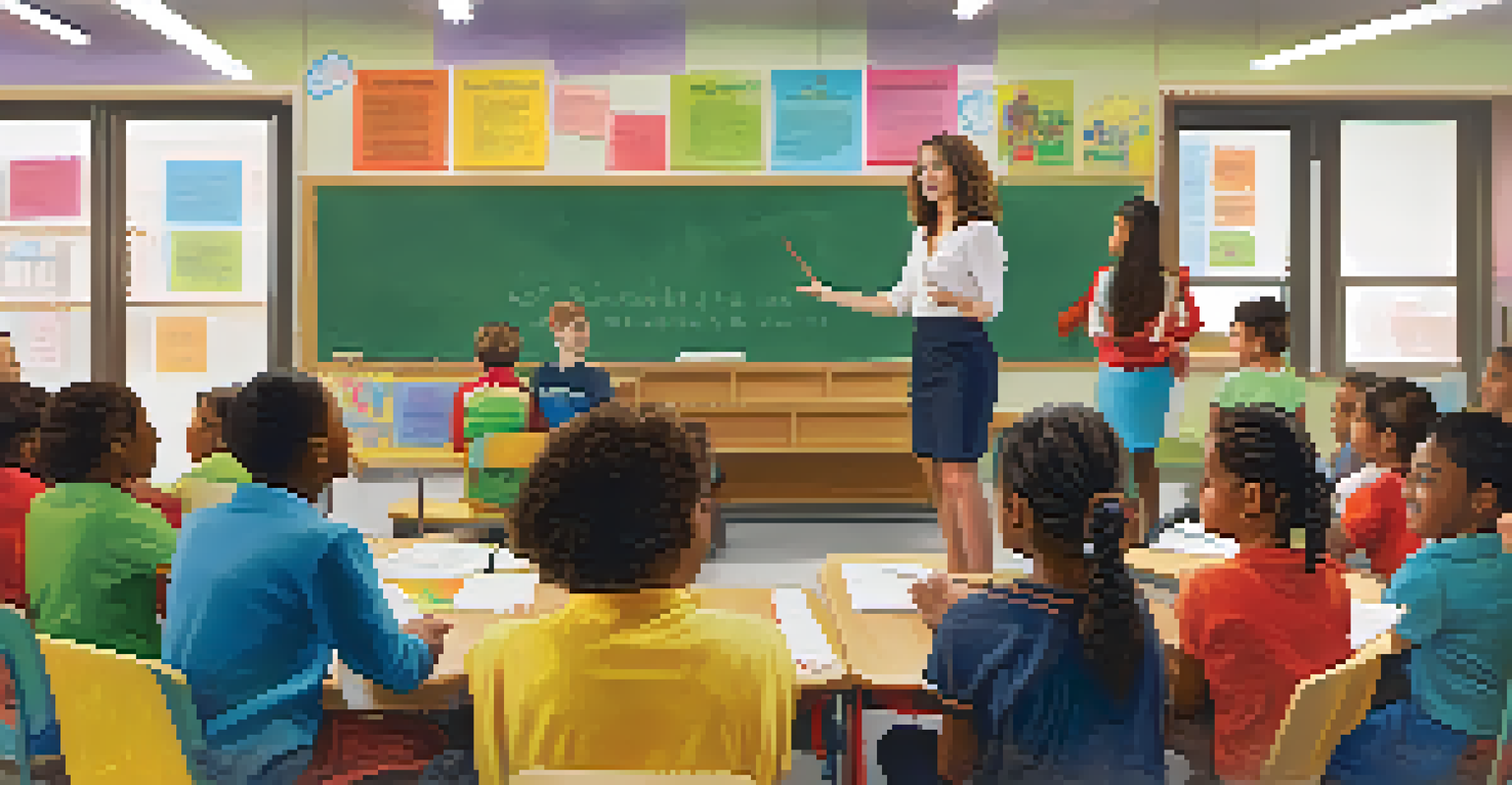 A teacher engaging students in a classroom discussion, with students seated in a semi-circle, actively participating.
