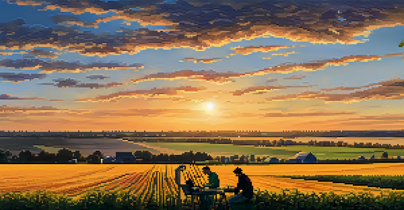 Students from Michigan State University conducting agricultural research in a golden crop field during sunset, with a colorful sky.