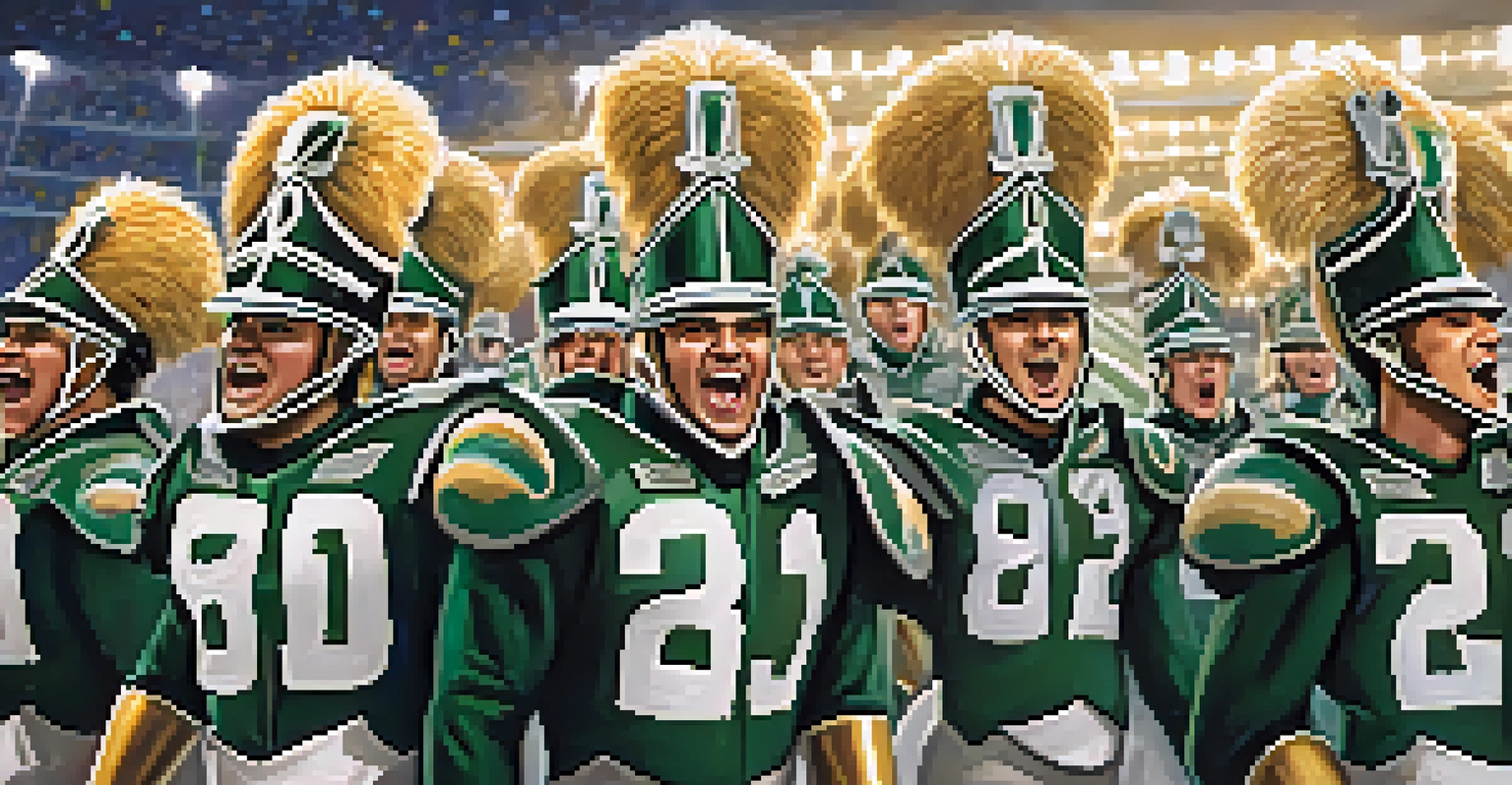 The Spartan Marching Band performing energetically at halftime during a football game, with excited fans in the stands.