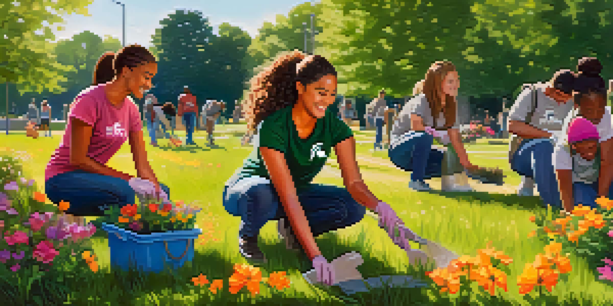 A group of diverse Michigan State University students participating in a community service project, planting flowers and cleaning a park under the warm sun.