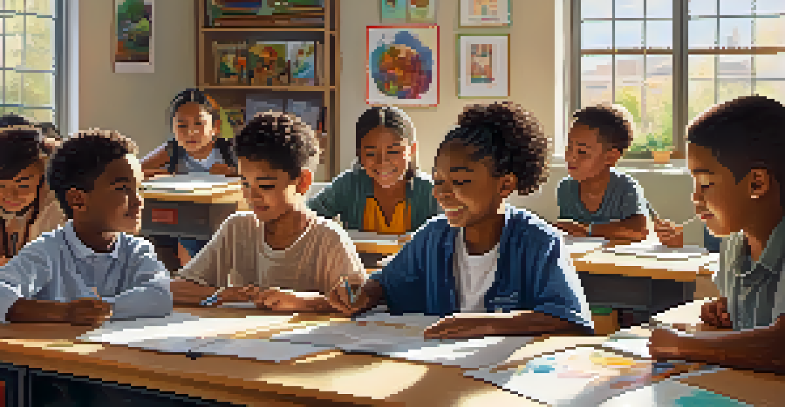 A classroom with diverse students and a teacher participating in a collaborative learning activity, with cultural materials around them.