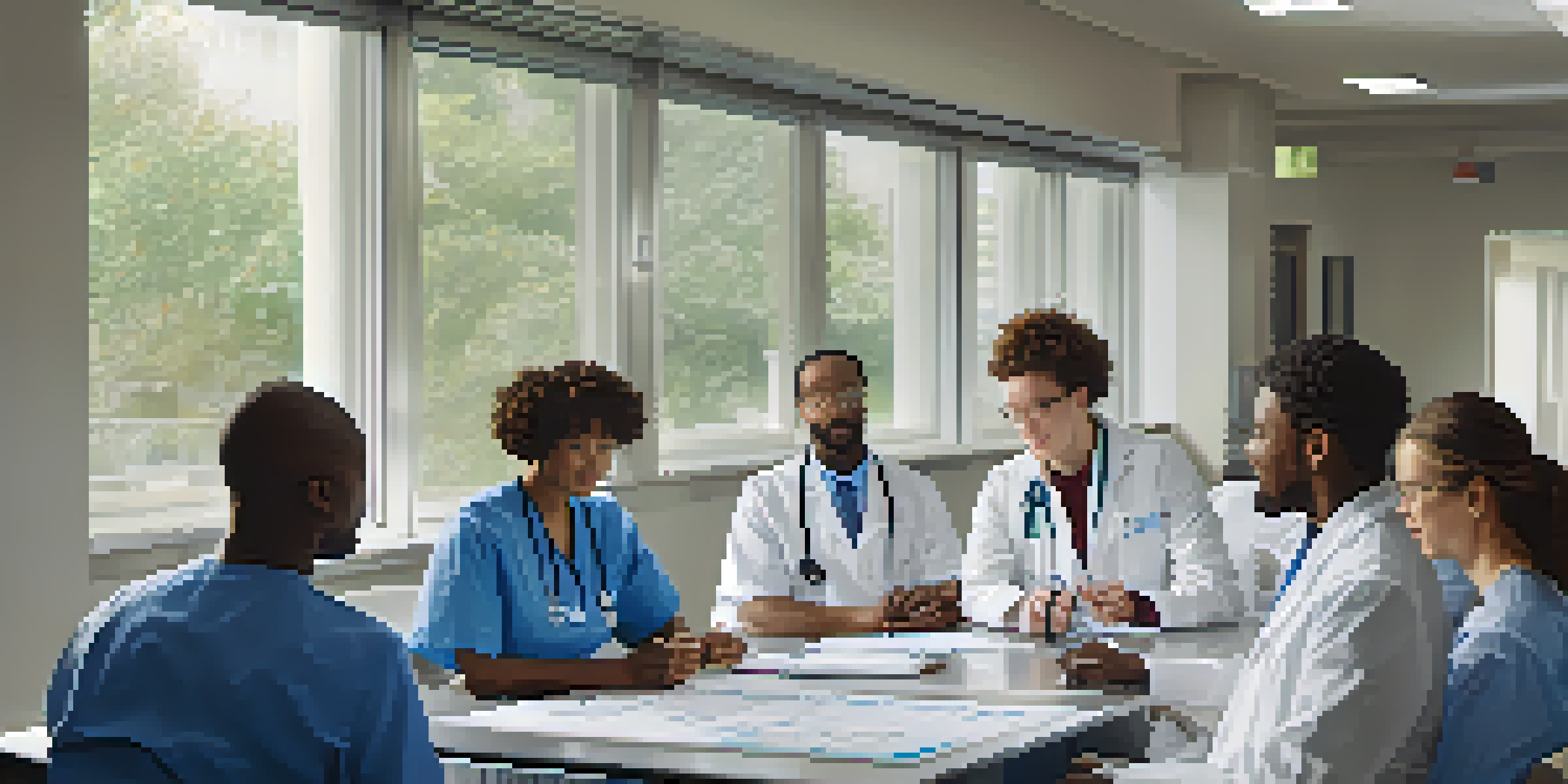A diverse group of healthcare professionals discussing patient care strategies in a well-lit room filled with medical charts and technology.