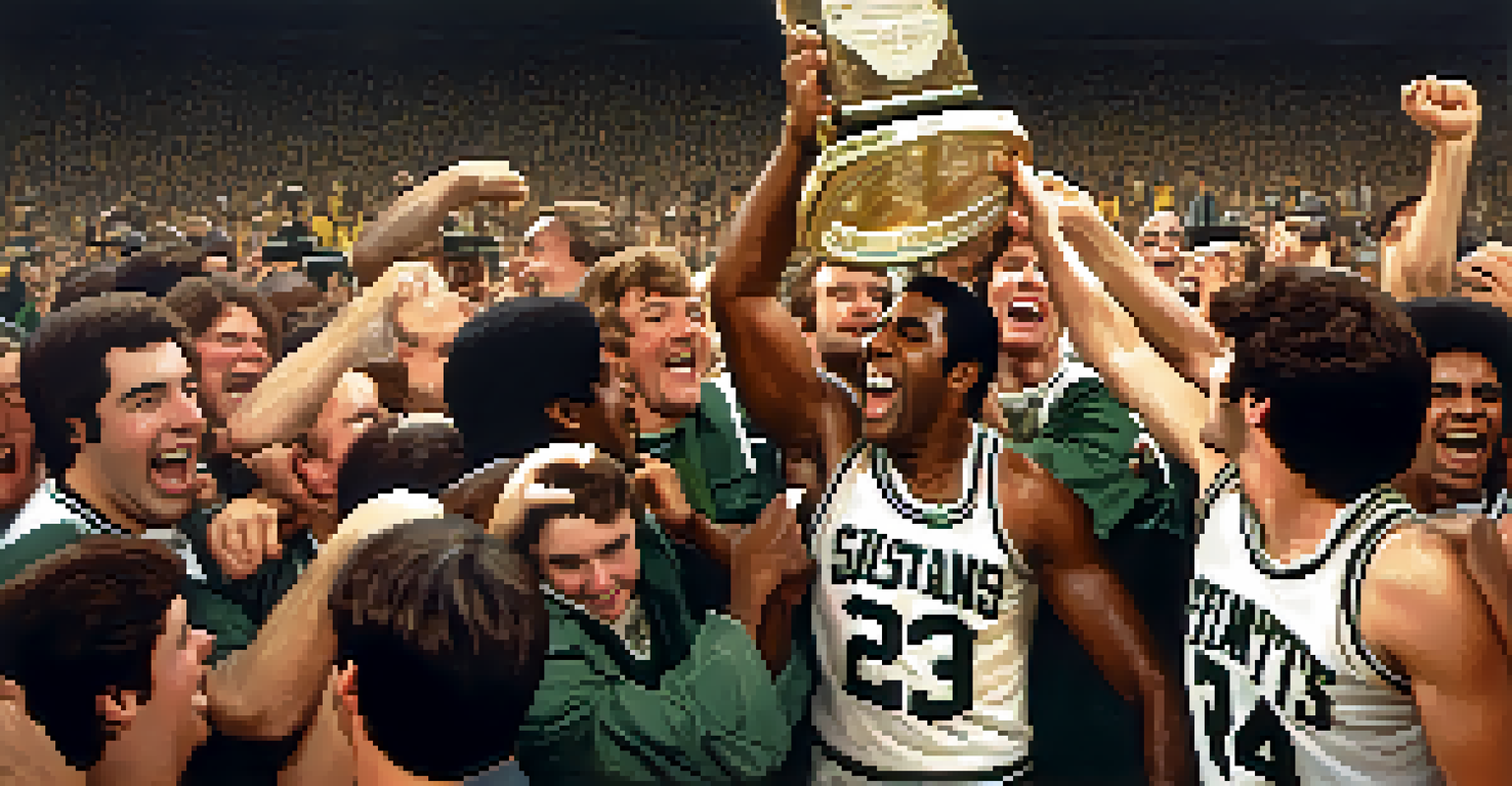 Magic Johnson celebrating with teammates after winning the 1979 NCAA Championship, holding the trophy in a locker room filled with joy.